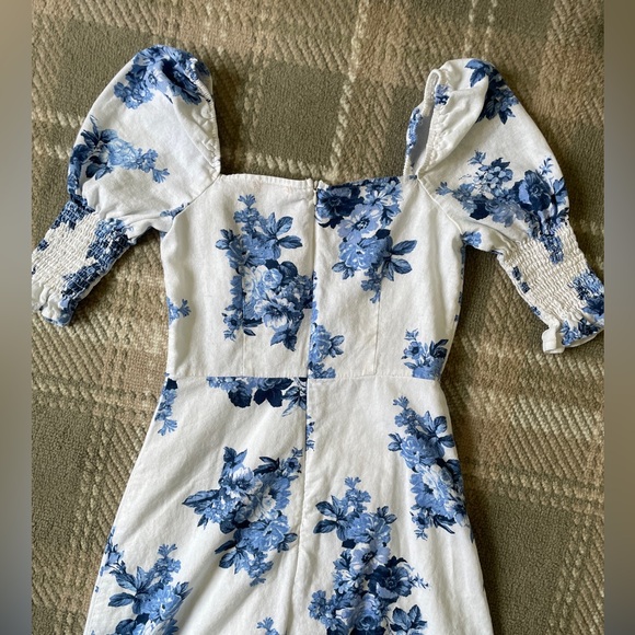 Francesca’s Mi Ami linen blend blue floral midi sweetheart puff sleeve dress S - Picture 4 of 7